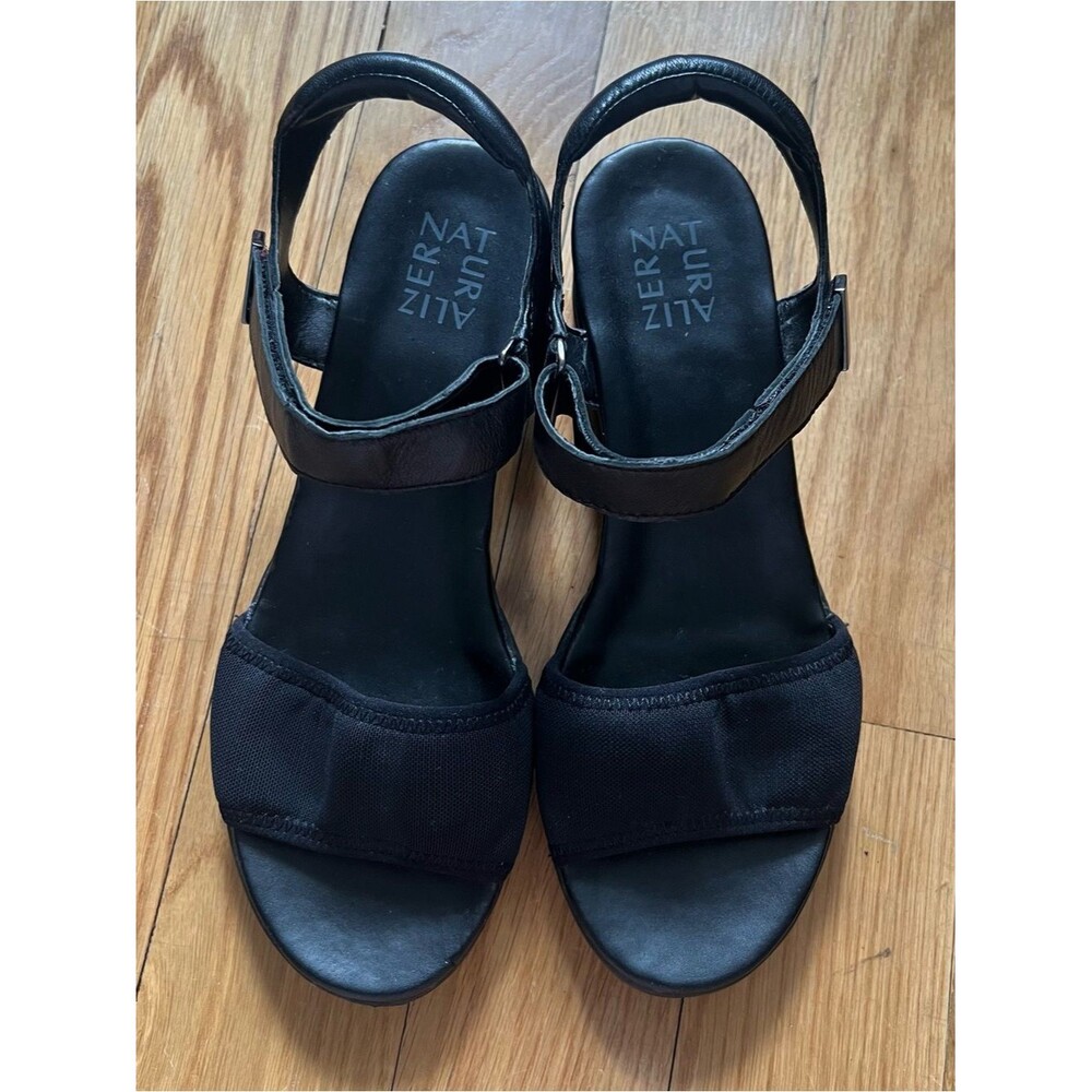 Naturalizer Irena Black Leather Sandals with Low Wedge Heel Size 8.5